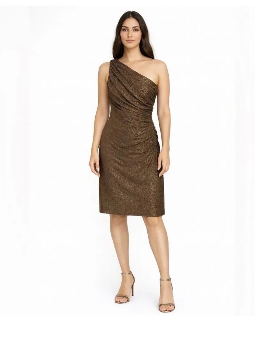 Lauren by Ralph Lauren One-Shoulder Metallic Cocktail Dress 10P Bronze Shimmer